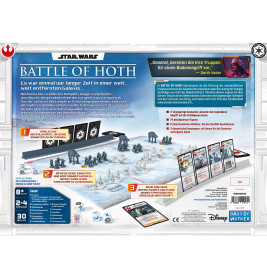 Rückseite der Star Wars Battle of Hoth Box mit Spielmaterial, Karten und Anleitung von Asmodee.
