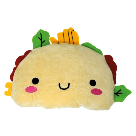Plüsch-Taco mit lächelndem Gesicht, rosa Wangen und bunten Filzbelägen.