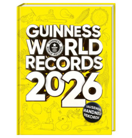 Gelbes Guinness World Records 2026 Buchcover mit weißem Text und Umrissen im Hintergrund.