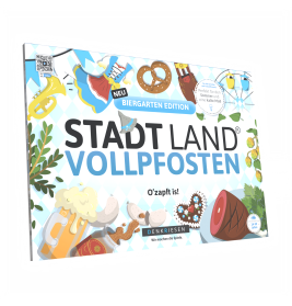 Spielschachtel mit STADT LAND VOLLPFOSTEN-Schriftzug und Illustrationen zu Bier, Brezel, Wurst und Oktoberfest.