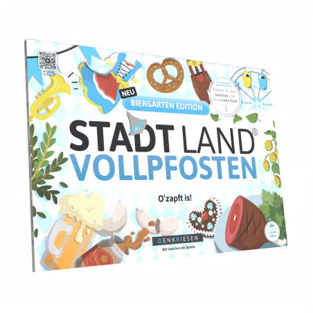 Spielschachtel mit STADT LAND VOLLPFOSTEN-Schriftzug und Illustrationen zu Bier, Brezel, Wurst und Oktoberfest.