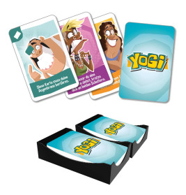 Yogi Kartenspiel mit bunten Charakterkarten und zwei Kartenstapeln in schwarzen Ablageschalen.