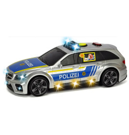 Deutsches Polizeiauto-Spielzeug mit blau-gelben Markierungen, Blaulicht und POLIZEI-Schriftzug.
