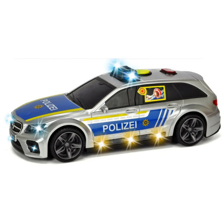 Deutsches Polizeiauto-Spielzeug mit blau-gelben Markierungen, Blaulicht und POLIZEI-Schriftzug.