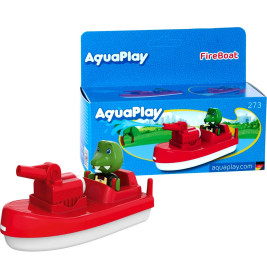 Rotes Spielzeug-Feuerboot mit grüner Tierfigur neben blauer AquaPlay-Box mit Abbildung des Boots.