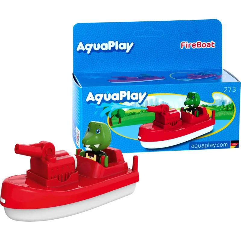Rotes Spielzeug-Feuerboot mit grüner Tierfigur neben blauer AquaPlay-Box mit Abbildung des Boots. Rotes Spielzeug-Feuerboot mit grüner Tierfigur neben blauer AquaPlay-Box mit Abbildung des Boots.