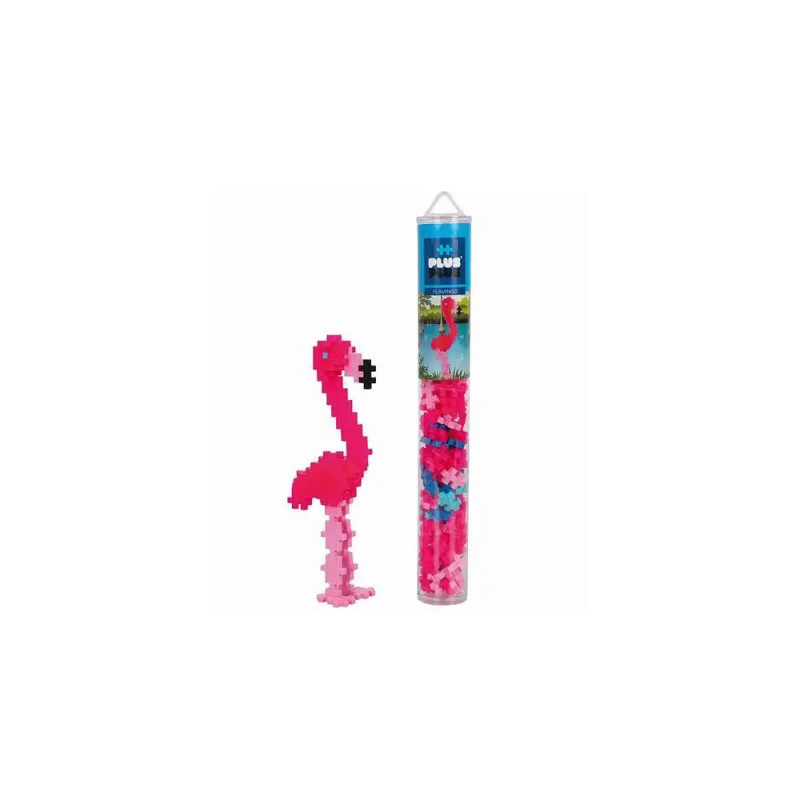 Eine Plus-Plus-Röhre und eine daraus gebaute pinke Flamingofigur stehen nebeneinander.