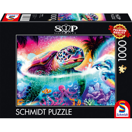 Bunte Meeresschildkröte schwimmt auf einer Puzzlebox mit Korallen und Meeresleben, beschriftet mit Schmidt Puzzle.