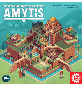 Illustrierte antike Stadt mit terrassenförmigen Gebäuden, grünen Gärten und dem Titel Eine Stadt für Amytis.