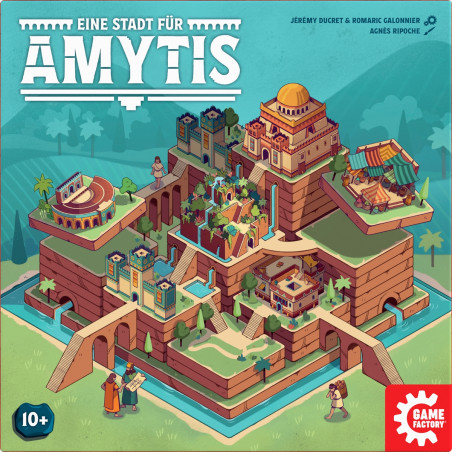 Illustrierte antike Stadt mit terrassenförmigen Gebäuden, grünen Gärten und dem Titel Eine Stadt für Amytis.