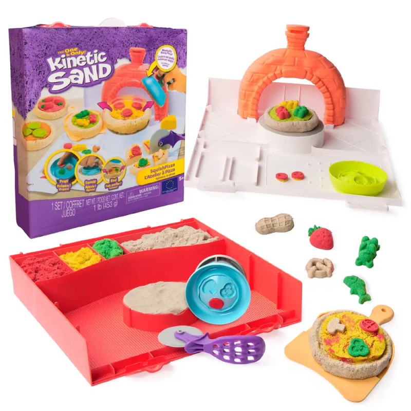 Kinetic Sand Pizzaset mit buntem Sand, Förmchen, Ofen, Werkzeugen und fertigen Pizzakreationen. Kinetic Sand Pizzaset mit buntem Sand, Förmchen, Ofen, Werkzeugen und fertigen Pizzakreationen.