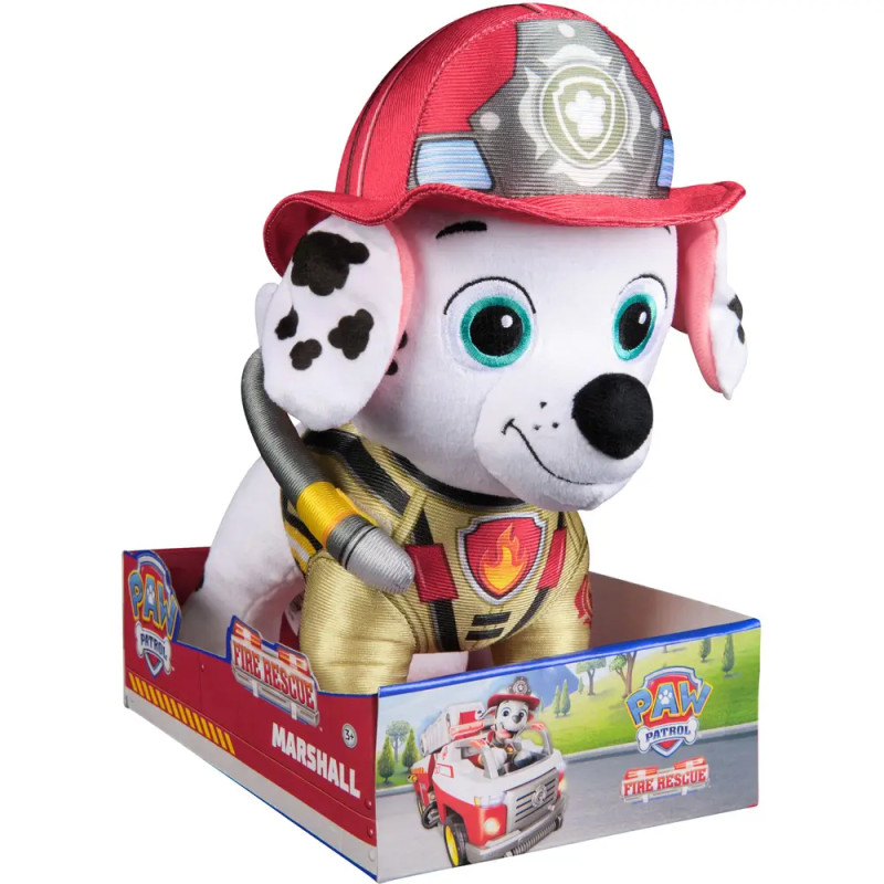 PAW Patrol Plüschfigur Marshall mit rotem Feuerwehrhelm sitzt in einer Ausstellungsbox.