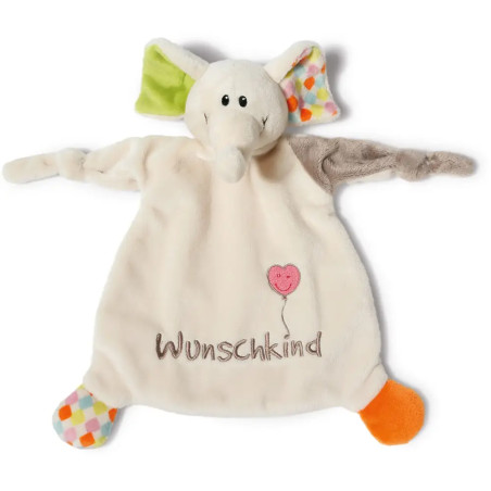 Plüsch-Elefanten-Schnuffeltuch mit Wunschkind und rosa Ballon auf cremefarbenem Stoff bestickt.