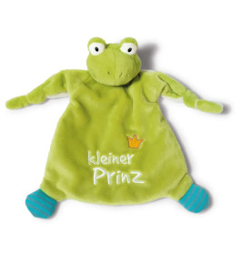 Grüner Frosch-Plüsch mit Schriftzug kleiner Prinz, Krone und gestreiften blauen Füßen.
