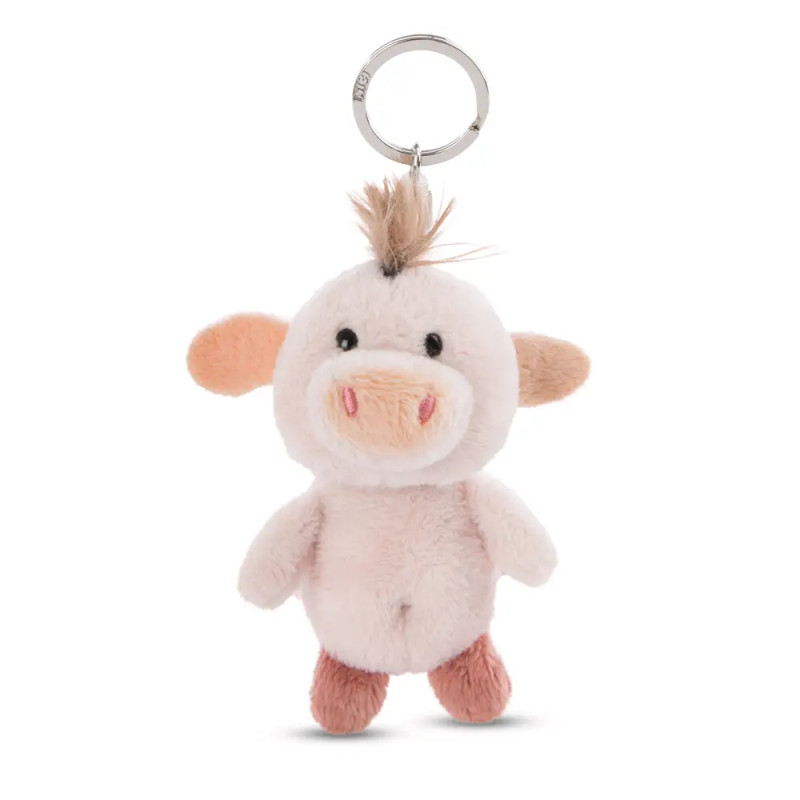 Plüsch-Schweineanhänger mit rosa Fell, beigem Rüssel, Ohren und braunem Haarschopf auf dem Kopf.