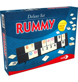 Box des Deluxe Set Rummy mit Spielsteinen und dem Spielnamen in roten Buchstaben auf der Vorderseite.