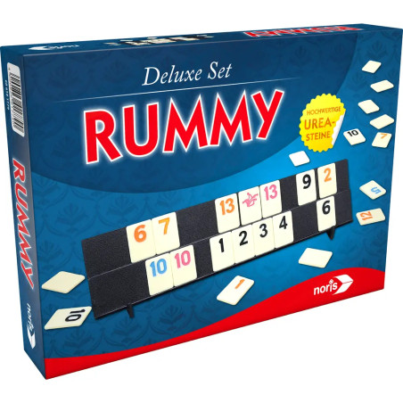 Box des Deluxe Set Rummy mit Spielsteinen und dem Spielnamen in roten Buchstaben auf der Vorderseite.