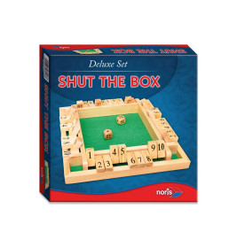 Deluxe Shut the Box Spiel mit Holzteilen, Würfeln und grünem Spielfeld in einer Box.