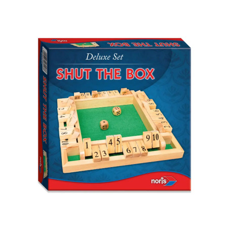 Deluxe Shut the Box Spiel mit Holzteilen, Würfeln und grünem Spielfeld in einer Box.