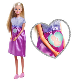 Puppe im lila Kleid mit Herz und Babysilhouette im Bauch als Hinweis auf Schwangerschaft.