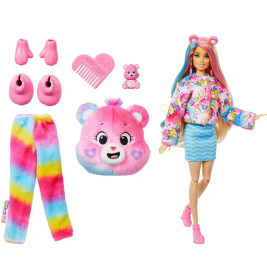 Barbie-Puppe mit Regenbogen-Outfit, Bären-Accessoires, pinken Schuhen, Kamm und Plüschbär-Tasche.