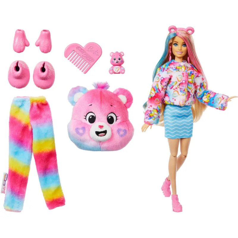 Barbie-Puppe mit Regenbogen-Outfit, Bären-Accessoires, pinken Schuhen, Kamm und Plüschbär-Tasche. Barbie-Puppe mit Regenbogen-Outfit, Bären-Accessoires, pinken Schuhen, Kamm und Plüschbär-Tasche.