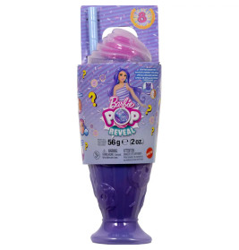 Barbie Pop Reveal Spielzeug im lila Becher mit Deckel und Strohhalm, Barbie-Motiven und Überraschungen.