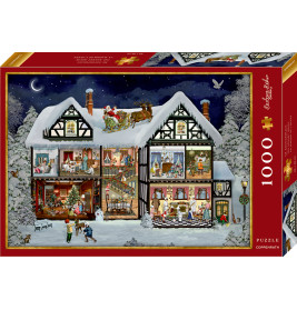 Puzzle mit verschneitem Haus, Santa auf dem Dach und feiernden Familien im Inneren zu Weihnachten.