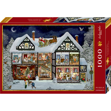 Puzzle mit verschneitem Haus, Santa auf dem Dach und feiernden Familien im Inneren zu Weihnachten.
