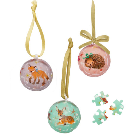 Mini-Puzzlekugel-Wintertiere im Weihnachtswald