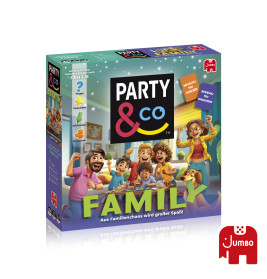 Party & Co Family-Spielschachtel mit feiernden Cartoon-Figuren und rotem Jumbo-Elefantenlogo.