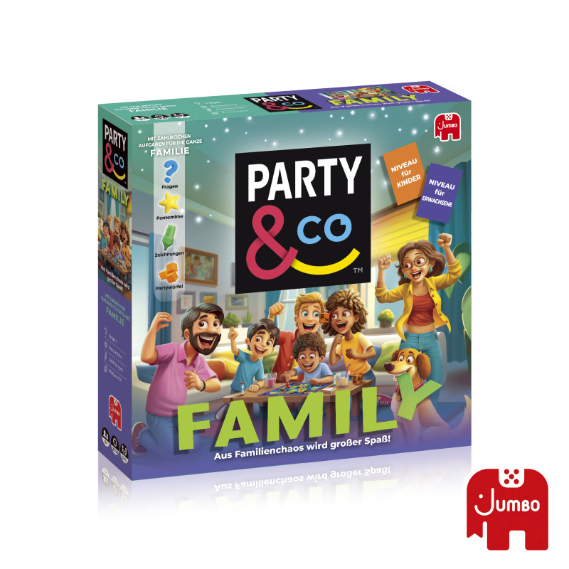 Party & Co Family-Spielschachtel mit feiernden Cartoon-Figuren und rotem Jumbo-Elefantenlogo.