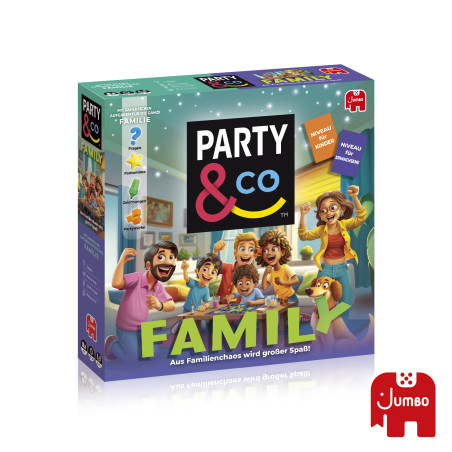 Party & Co Family-Spielschachtel mit feiernden Cartoon-Figuren und rotem Jumbo-Elefantenlogo.