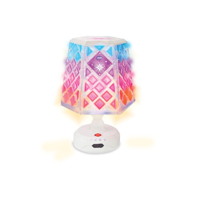 Eine LED-Lampe mit buntem, geometrischem Muster leuchtet in Lila, Pink und Blau auf einem weißen Sockel.