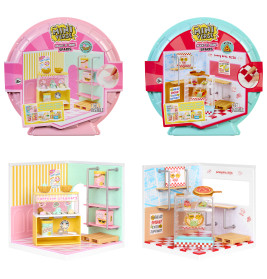 Zwei Mini Verse Spielsets in Pink und Blau mit Bäckerei- und Pizzeria-Thema, verpackt und geöffnet zu sehen.
