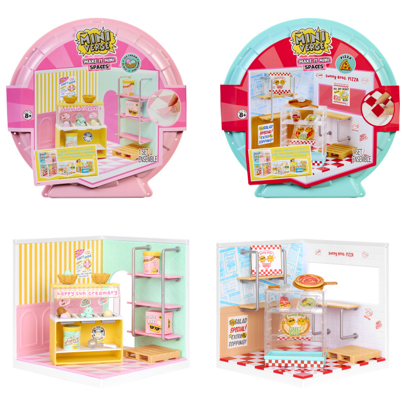 Zwei Mini Verse Spielsets in Pink und Blau mit Bäckerei- und Pizzeria-Thema, verpackt und geöffnet zu sehen. Zwei Mini Verse Spielsets in Pink und Blau mit Bäckerei- und Pizzeria-Thema, verpackt und geöffnet zu sehen.