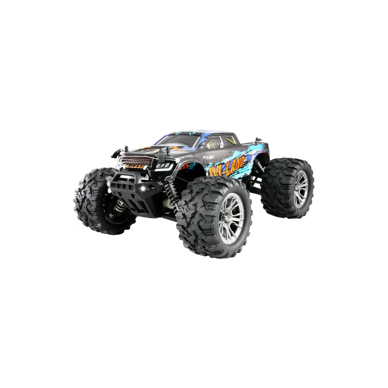 Schwarzer und blauer ferngesteuerter Monstertruck mit großen, robusten Reifen vor weißem Hintergrund.