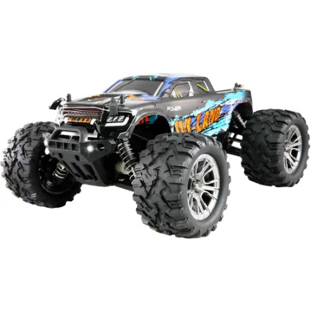Schwarzer und blauer ferngesteuerter Monstertruck mit großen, robusten Reifen vor weißem Hintergrund.