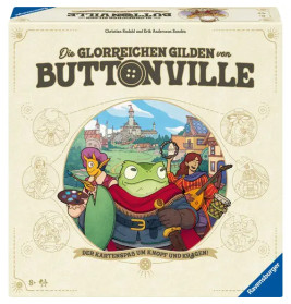 Box von Buttonville mit Tieren in mittelalterlicher Kleidung vor einem fantasievollen Dorf im Hintergrund.