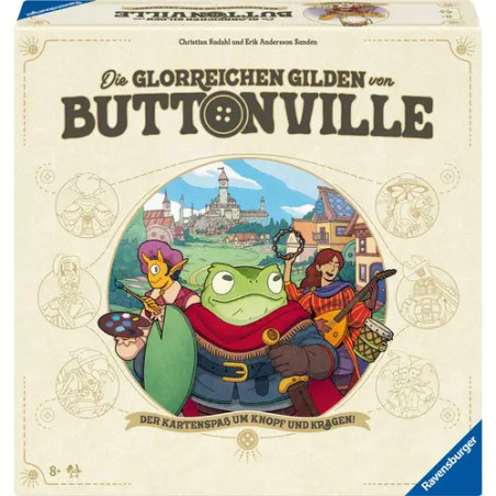 Box von Buttonville mit Tieren in mittelalterlicher Kleidung vor einem fantasievollen Dorf im Hintergrund.