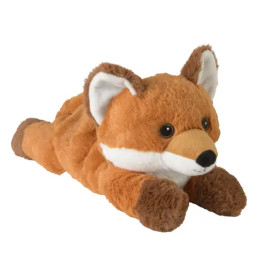 Plüsch-Fuchs mit braunem Fell, weißen Akzenten und großen Ohren liegt auf weißem Hintergrund.