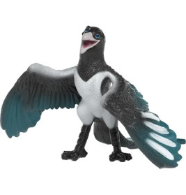 Spielzeugmodell eines schwarz-weiß-türkisen Federdinosauriers mit ausgebreiteten Flügeln und geöffnetem Maul.