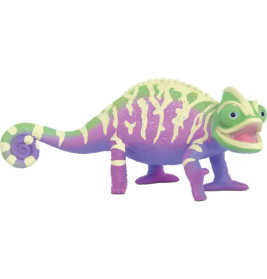 Spielzeug-Chamäleon mit grünen, lila und cremefarbenen Streifen, steht auf vier Beinen und hat einen eingerollten Schwanz.