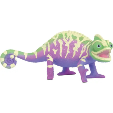 Spielzeug-Chamäleon mit grünen, lila und cremefarbenen Streifen, steht auf vier Beinen und hat einen eingerollten Schwanz.