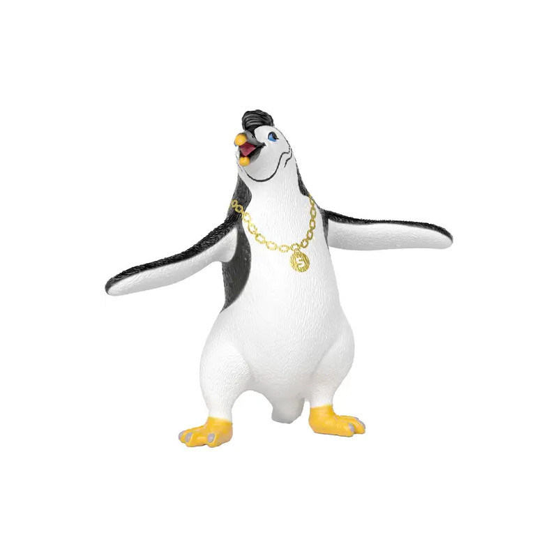 Spielzeugpinguin mit Goldkette, gelben Füßen und ausgebreiteten Flügeln vor weißem Hintergrund.