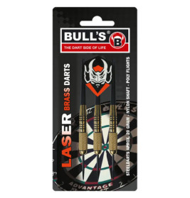 Drei Messingpfeile mit gemusterten Flights in schwarzer Verpackung mit Aufdruck BULLS LASER BRASS DARTS.