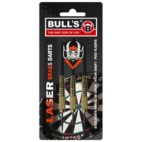 Drei Messingpfeile mit gemusterten Flights in schwarzer Verpackung mit Aufdruck BULLS LASER BRASS DARTS.