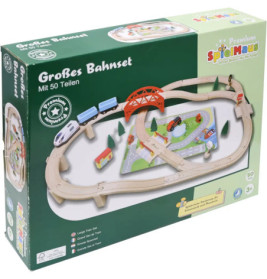 Box mit Holzbahnset, inklusive Schienen, Brücke, Zügen und Zubehör. Beschriftet mit Großes Bahnset.