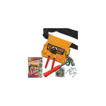 Werkzeuggürtel-Set für Kinder mit Spielzeughammer, Zange, Schraubendreher, Nägeln, Schrauben und Anleitung.