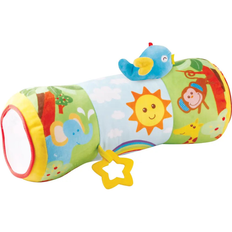 Buntes Babybolster-Kissen mit Tiermotiven, blauem Vogel-Plüschtier und gelbem, sternförmigem Beißring. Buntes Babybolster-Kissen mit Tiermotiven, blauem Vogel-Plüschtier und gelbem, sternförmigem Beißring.